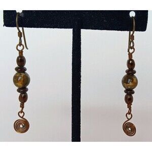 Handmade Copper Swirl Glass & Tiger's Eye Dangle Earrings 1.5 in